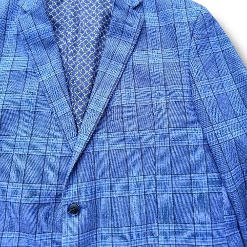 Crown & Ivy Men's 46R Blue Plaid Blazer Sport Coat Two Button Cotton Blend